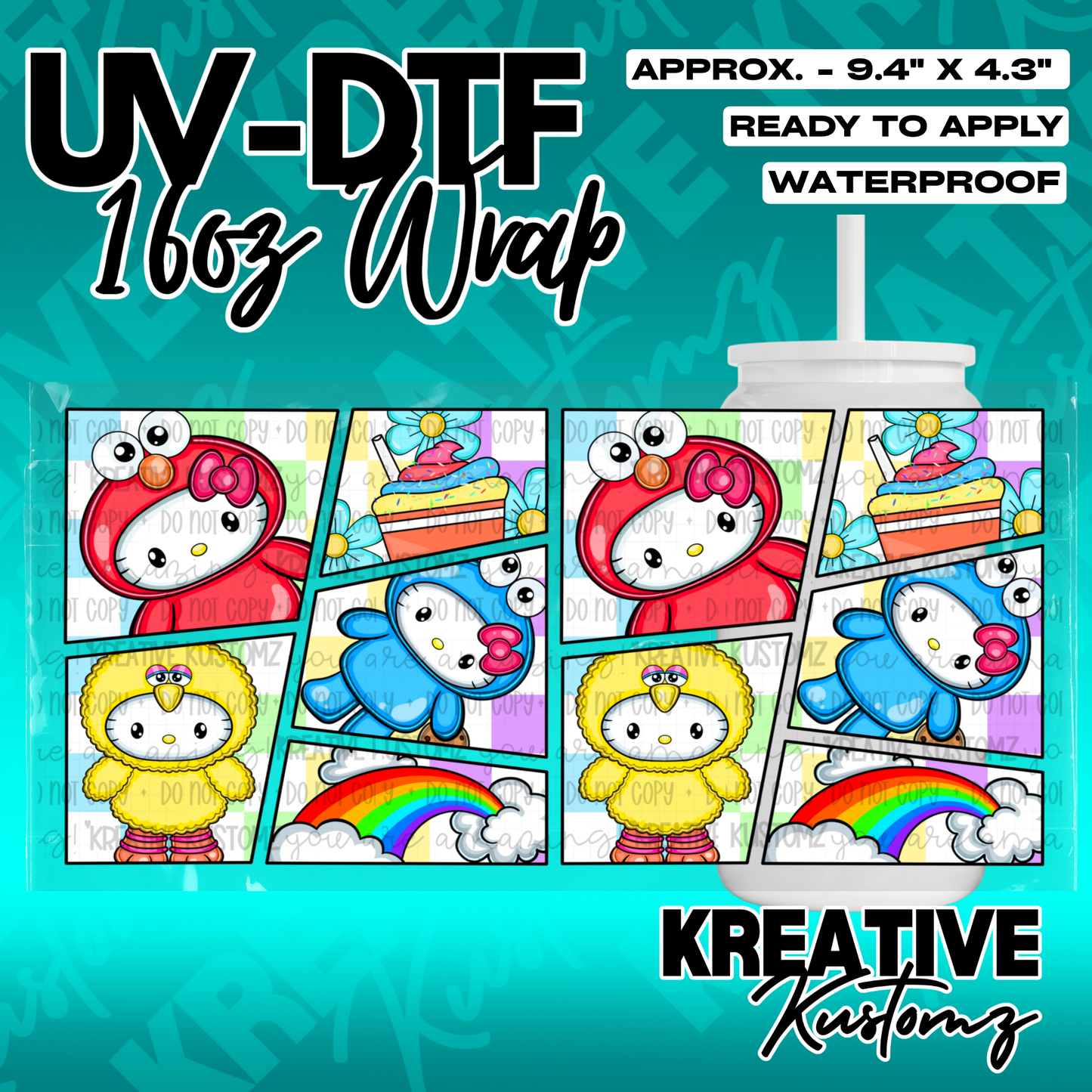 A UV DTF adhesive cup wrap featuring a comic book style grid of Hello Kitty characters.