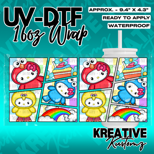A UV DTF adhesive cup wrap featuring a comic book style grid of Hello Kitty characters.