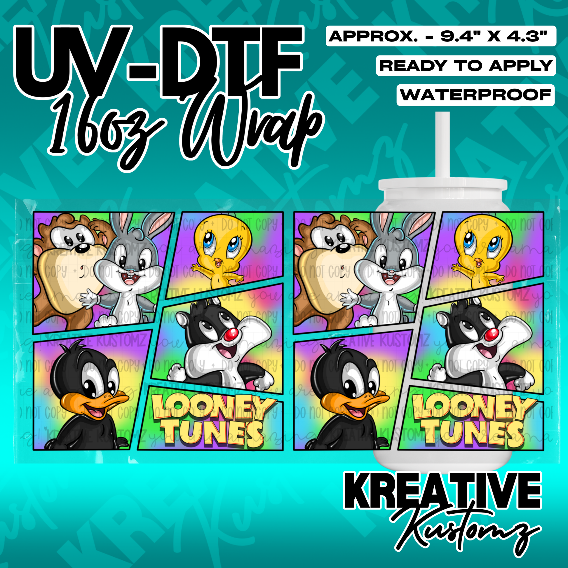 A Looney Tunes themed UV DTF adhesive wrap for a 16oz glass cup featuring cartoon characters.