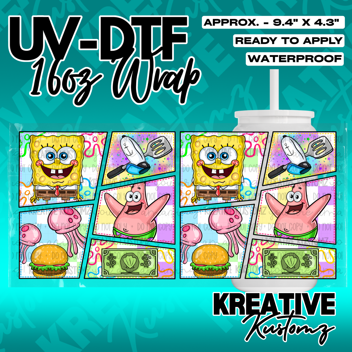 A rectangular UV DTF adhesive wrap featuring a repeating Spongebob Squarepants comic panel design.