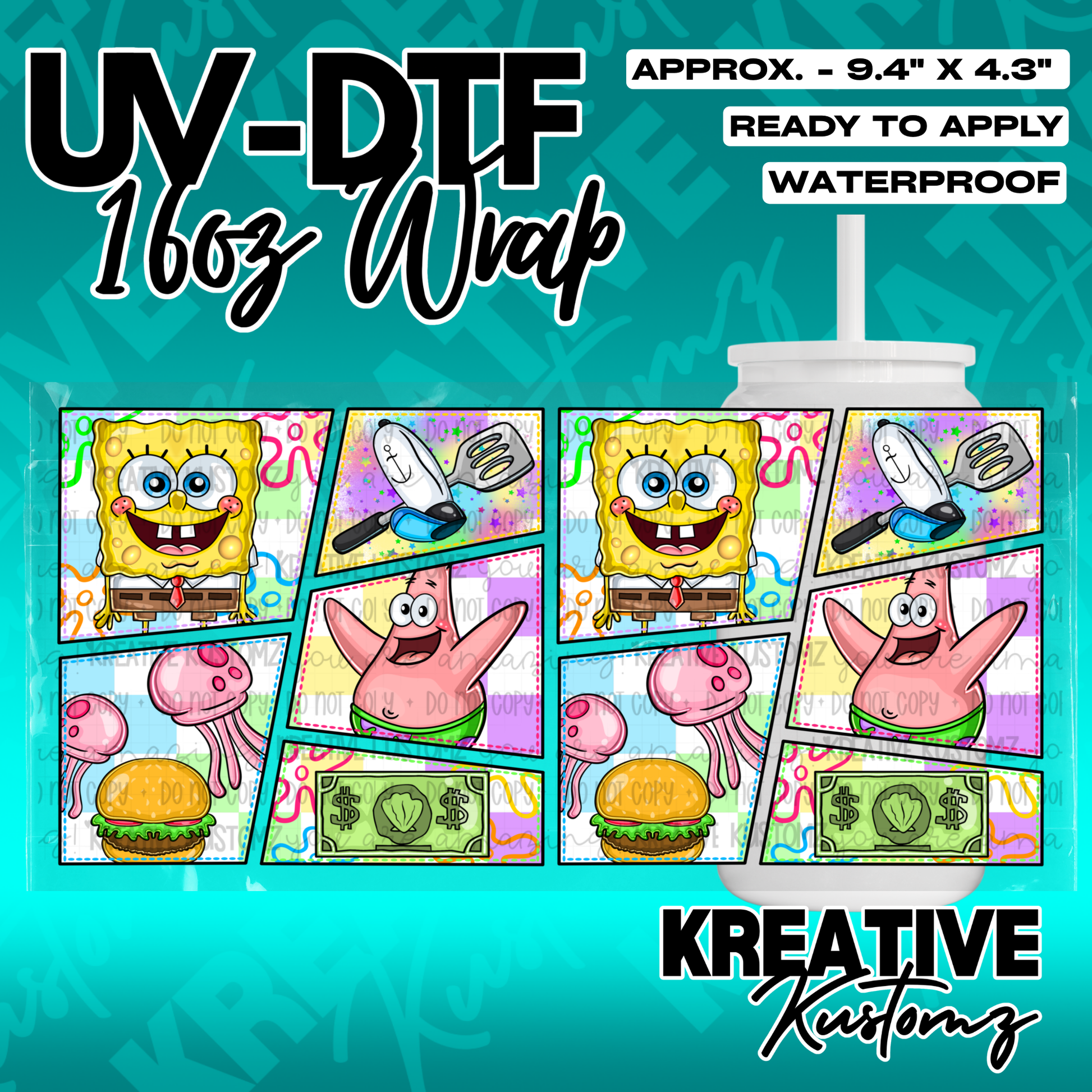 A rectangular UV DTF adhesive wrap featuring a repeating Spongebob Squarepants comic panel design.