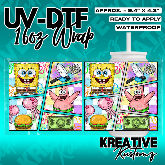 A rectangular UV DTF adhesive wrap featuring a repeating Spongebob Squarepants comic panel design.