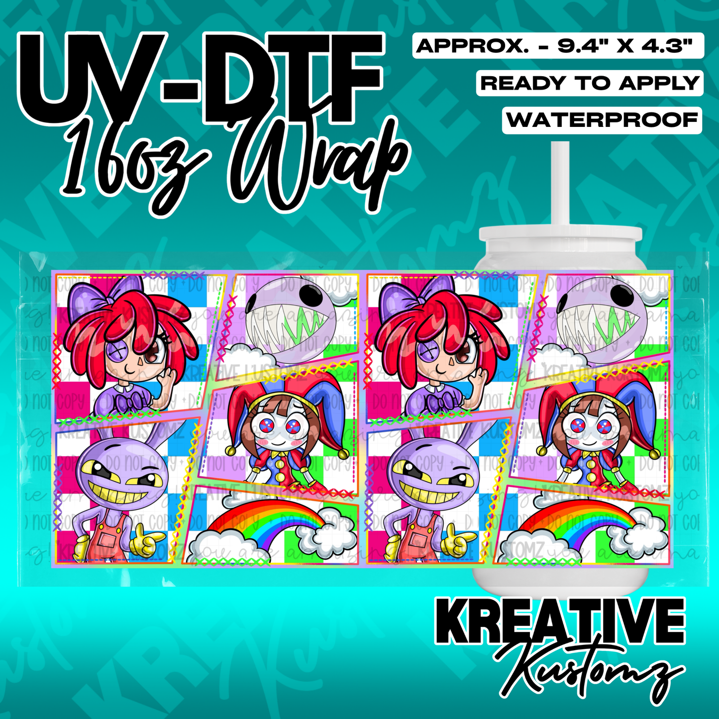 A UV DTF adhesive wrap for 16oz glass cans featuring colorful cartoon characters.