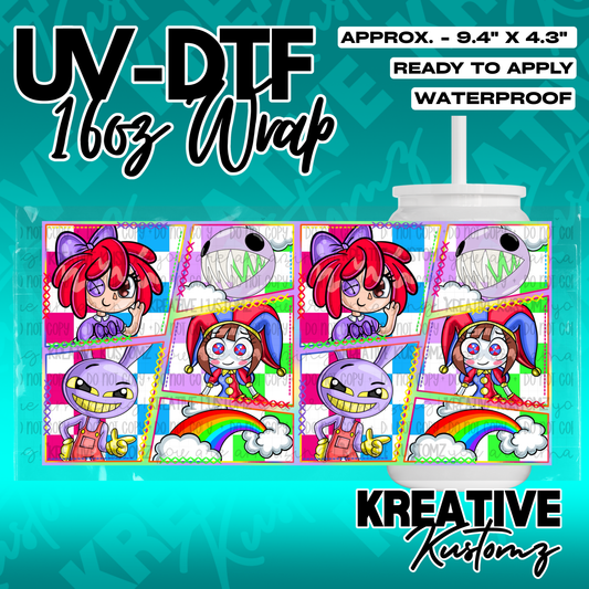 A UV DTF adhesive wrap for 16oz glass cans featuring colorful cartoon characters.