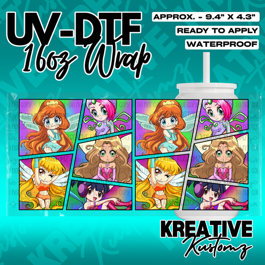 A UV DTF adhesive wrap for a 16oz glass cup featuring a repeating comic-style anime fairy design.