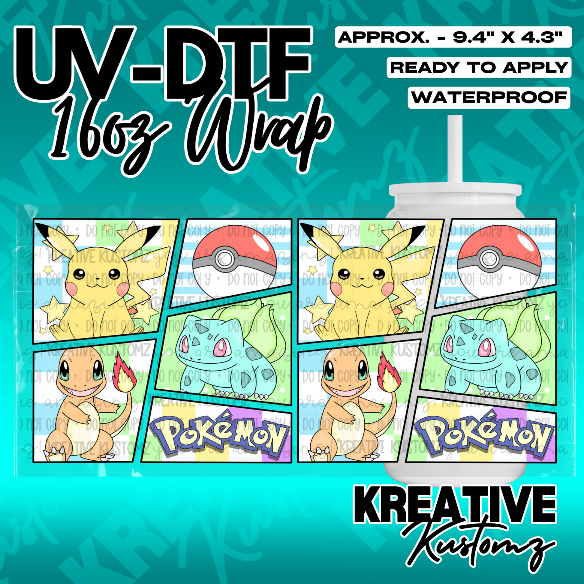 A UV DTF adhesive cup wrap featuring a comic book style design of Pikachu, Bulbasaur, and Charmander.