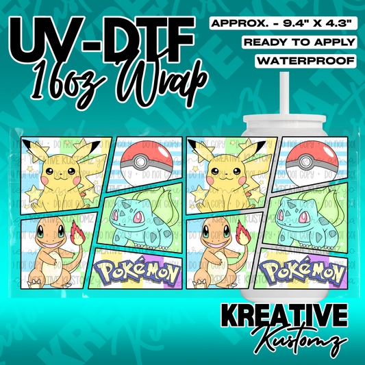 A UV DTF adhesive cup wrap featuring a comic book style design of Pikachu, Bulbasaur, and Charmander.