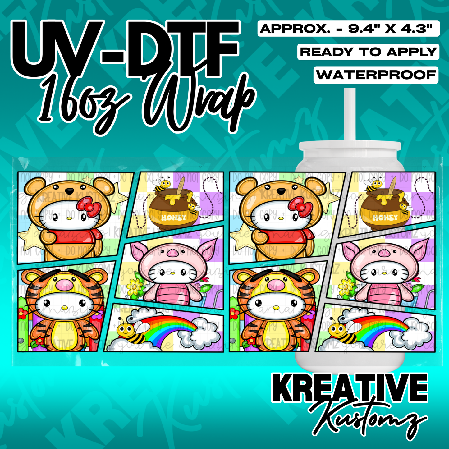 A UV DTF adhesive wrap for a 16oz glass cup featuring Hello Kitty characters in various costumes.
