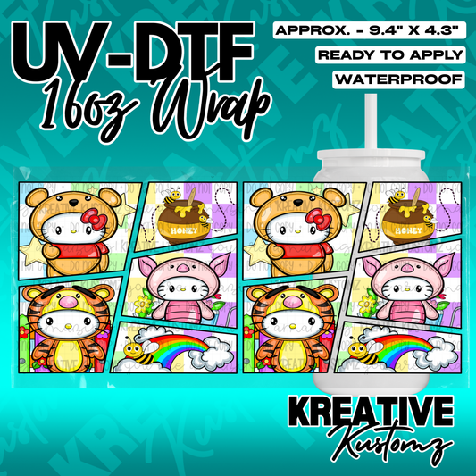 A UV DTF adhesive wrap for a 16oz glass cup featuring Hello Kitty characters in various costumes.