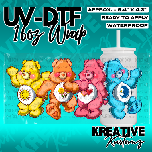 A UV DTF adhesive wrap for 16oz glass cans featuring four colorful Care Bears.