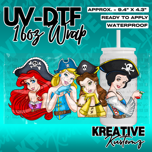 A UV DTF adhesive wrap featuring four cartoon princesses dressed as pirates for a 16oz glass cup.