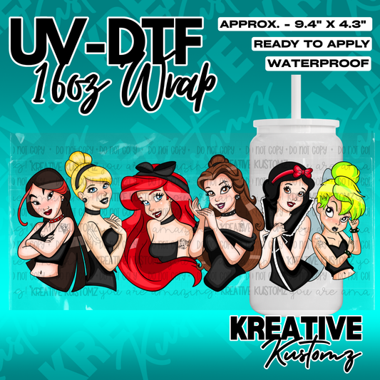 A UV DTF cup wrap featuring six cartoon princesses in black outfits for a 16oz glass can.