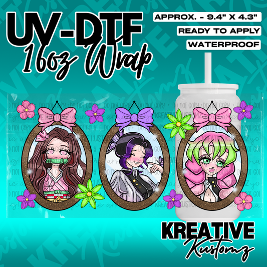 A UV DTF adhesive wrap for a 16oz glass cup featuring three anime characters in oval frames.