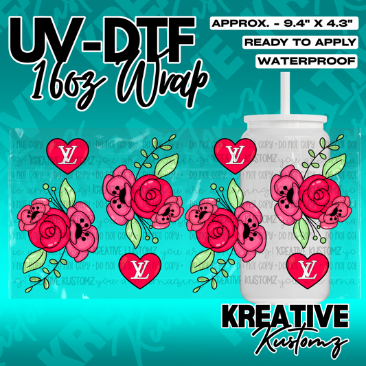 A floral UV DTF cup wrap featuring red roses and hearts with a designer logo for 16oz glass cans.