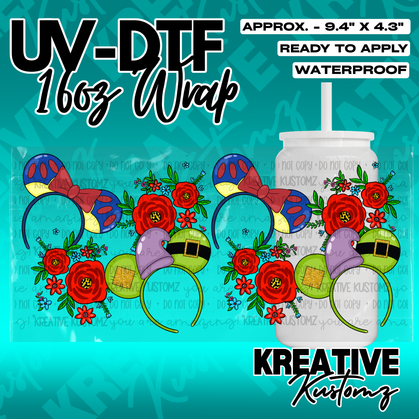 A UV DTF cup wrap featuring floral mouse ear headbands for 16oz glass cans.