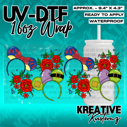 A UV DTF cup wrap featuring floral mouse ear headbands for 16oz glass cans.