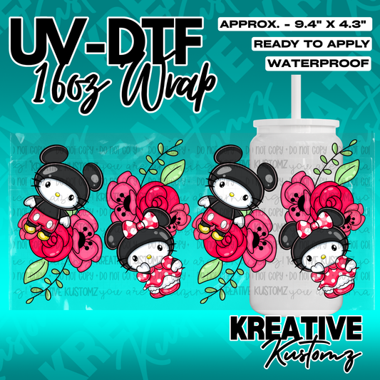 A UV DTF cup wrap featuring Hello Kitty characters and red roses for a 16oz glass can.