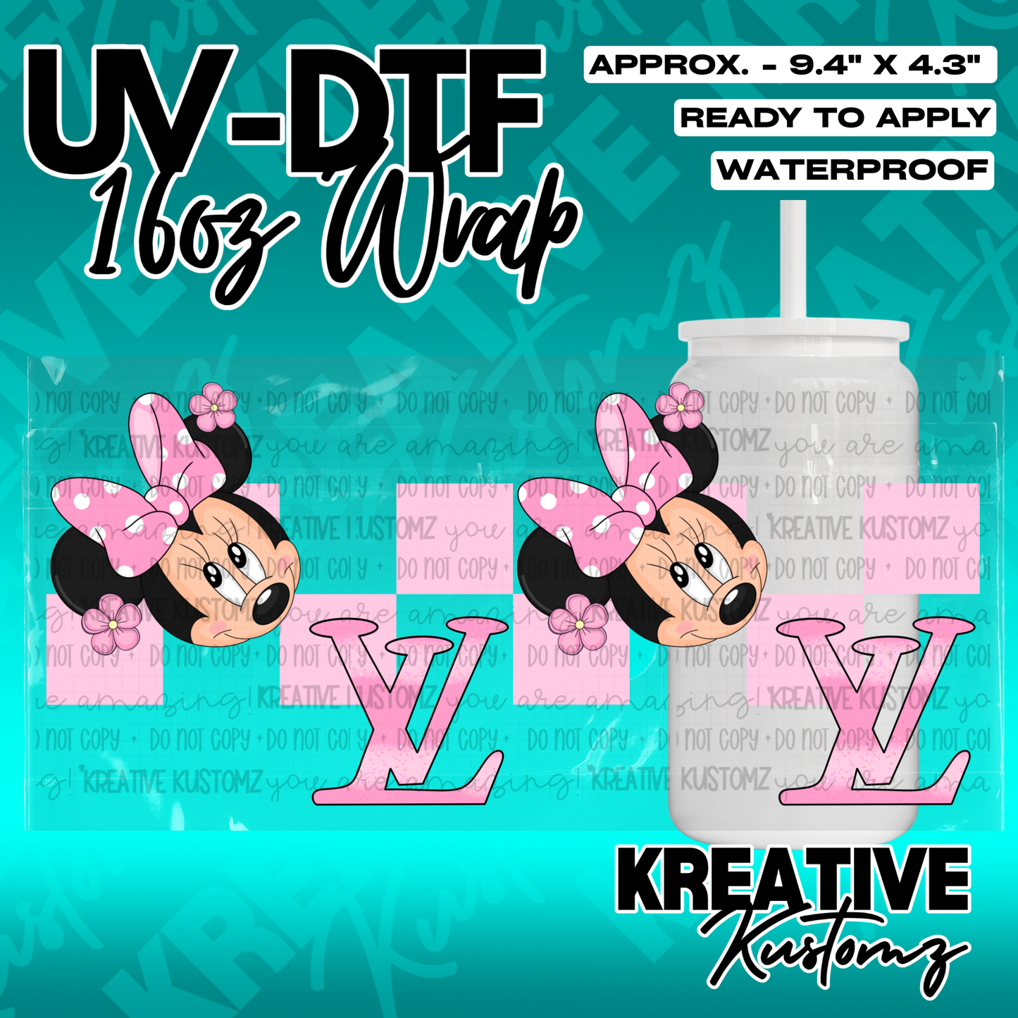 A UV DTF adhesive wrap for 16oz glass cans featuring Minnie Mouse and pink logo patterns.