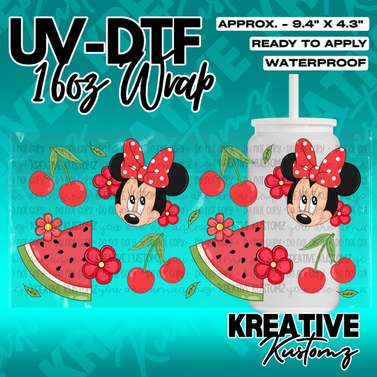 A UV DTF cup wrap featuring Minnie Mouse, watermelons, and cherries for a 16oz glass can.