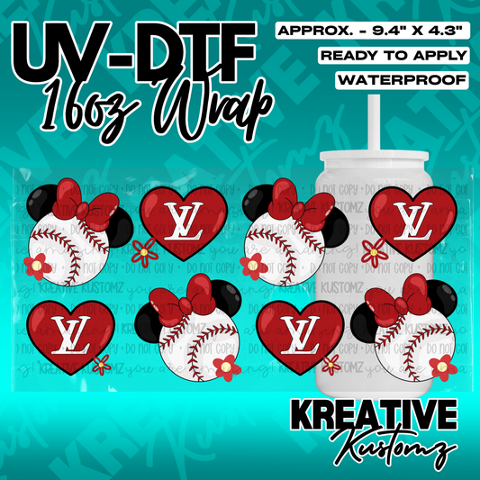 A UV DTF adhesive wrap for 16oz glass cans featuring a repeating baseball and heart pattern.