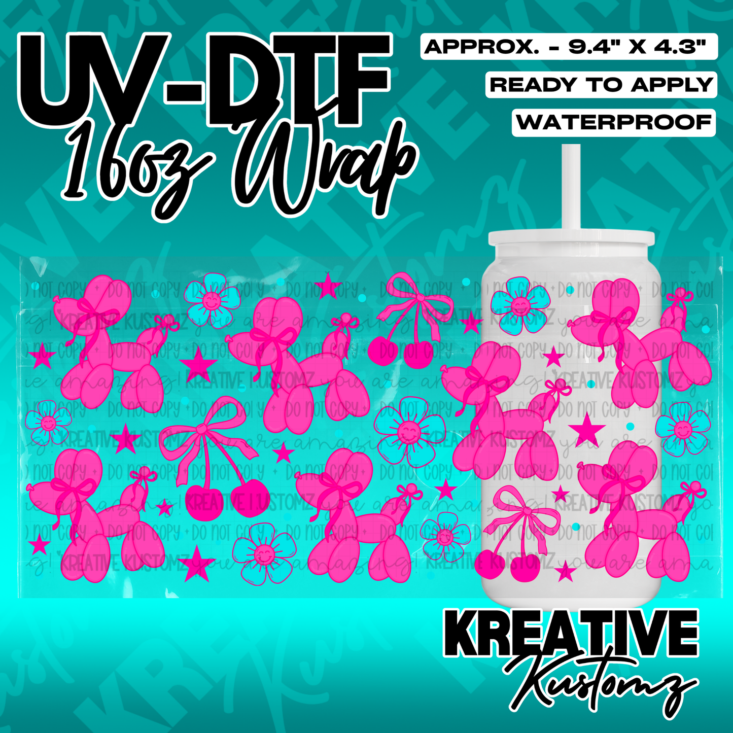 A UV DTF cup wrap featuring a pink balloon dog, cherry, and flower pattern for 16oz glass cans.
