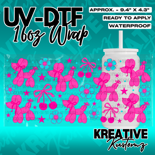 A UV DTF cup wrap featuring a pink balloon dog, cherry, and flower pattern for 16oz glass cans.