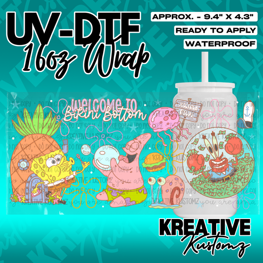 A SpongeBob SquarePants themed UV DTF adhesive wrap for a 16oz glass can.