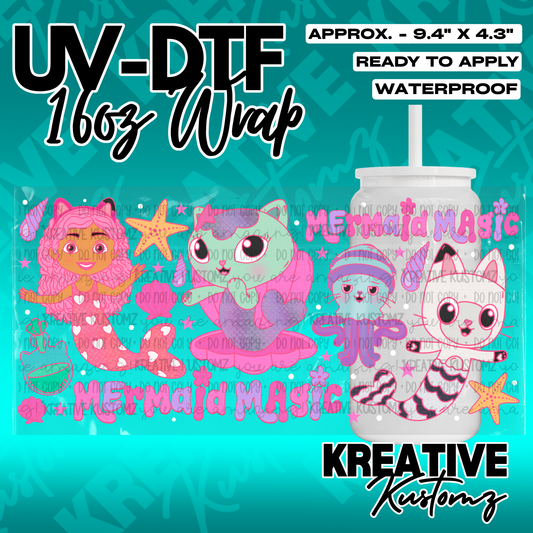 A vibrant UV DTF wrap for a 16oz glass cup featuring mermaid cats and sea creatures.