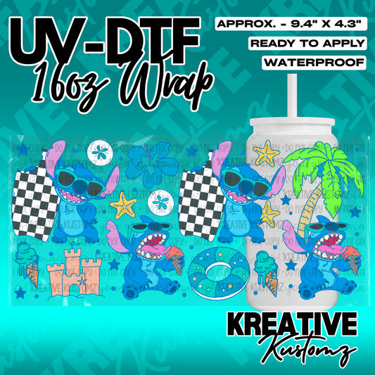 A UV DTF adhesive wrap for 16oz glass cans featuring Stitch with beach and racing themes.