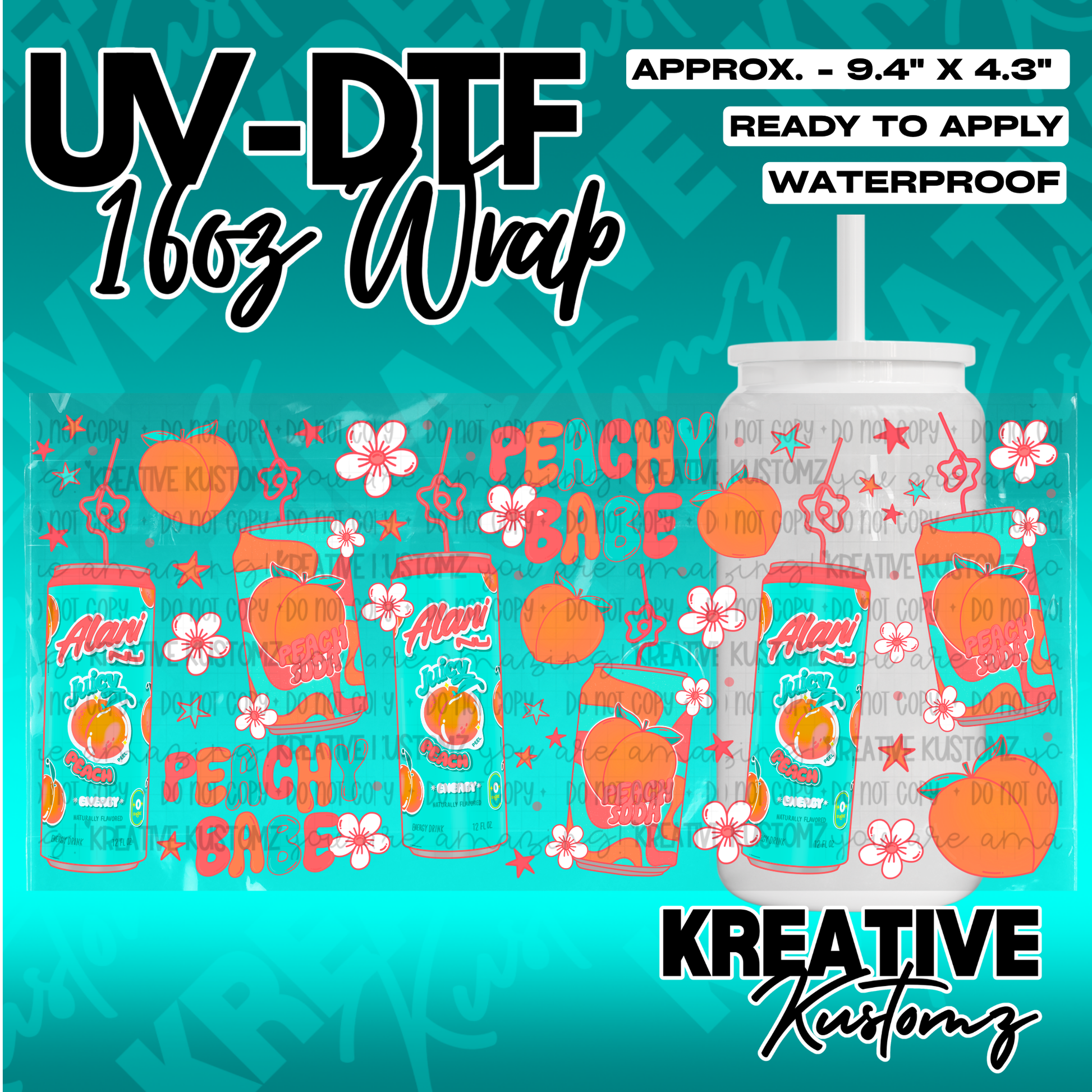 A peach-themed UV DTF adhesive wrap for a 16oz glass cup featuring floral and fruit designs.