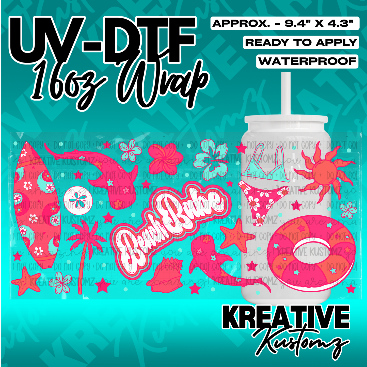 A vibrant pink and teal beach-themed adhesive wrap for a 16-ounce glass cup.