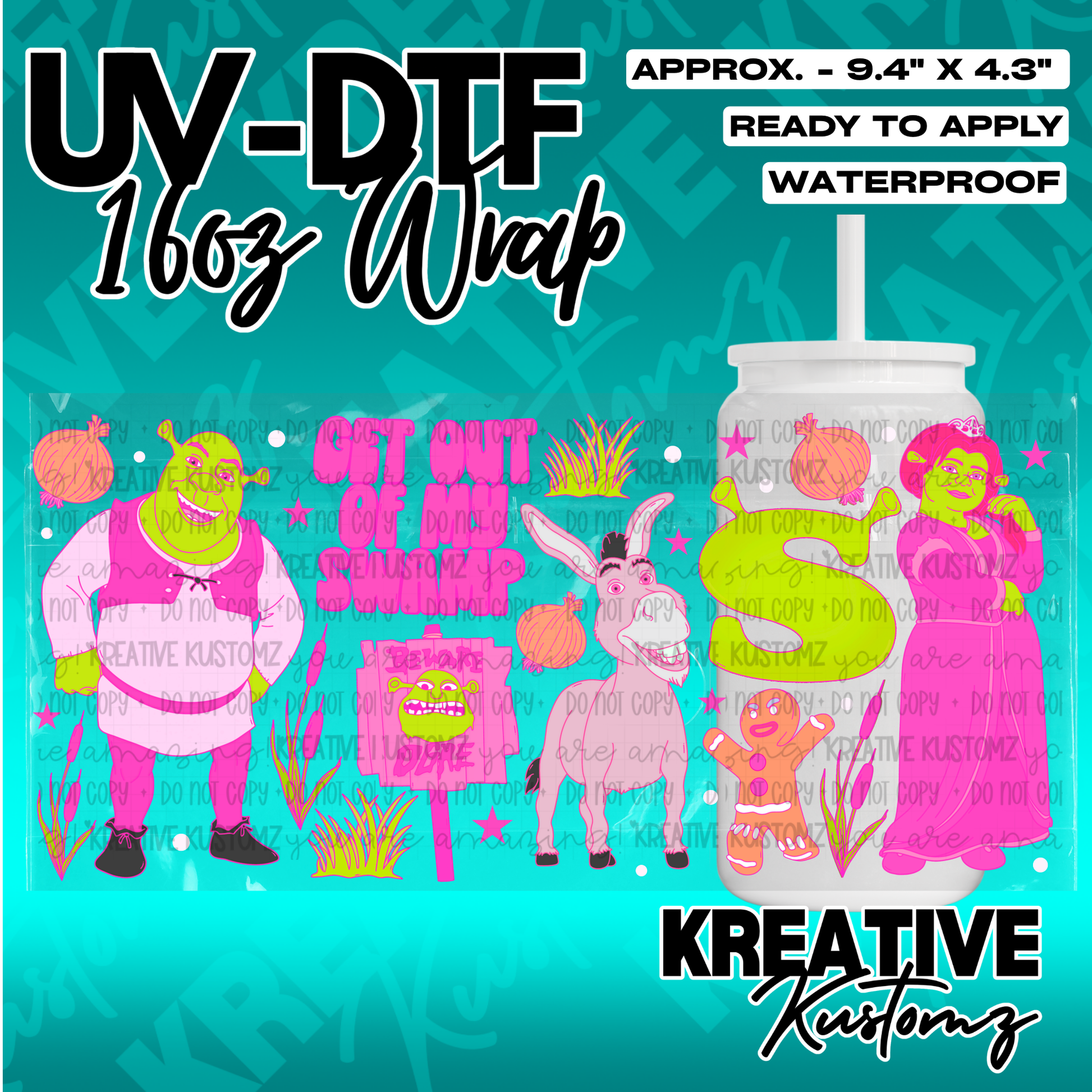 A Shrek-themed UV DTF adhesive wrap for a 16oz glass cup featuring characters and text.