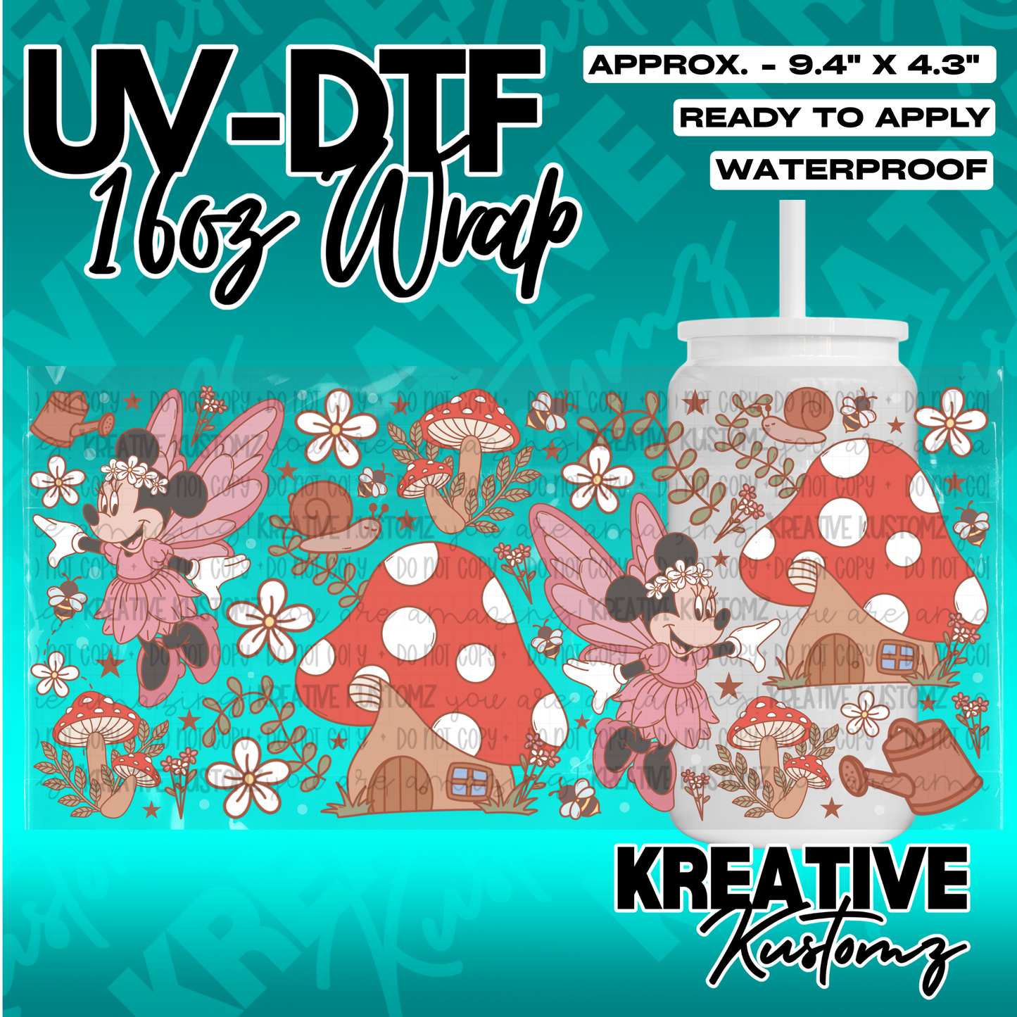 A floral UV DTF adhesive wrap for 16oz glass cans featuring Minnie Mouse fairies and mushrooms.