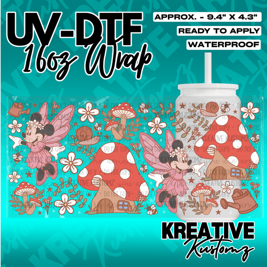 A floral UV DTF adhesive wrap for 16oz glass cans featuring Minnie Mouse fairies and mushrooms.