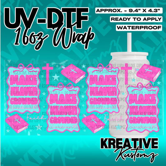 A UV DTF cup wrap featuring pink religious text and icons designed for a 16oz glass can.