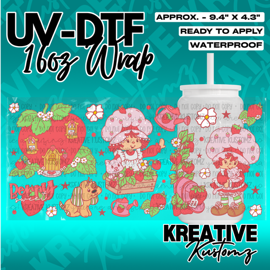 A strawberry themed UV DTF adhesive wrap for a 16oz glass cup featuring cartoon characters.