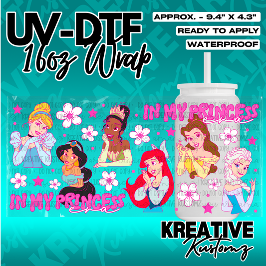 A floral UV DTF cup wrap featuring Disney princesses and the text In My Princess Era.