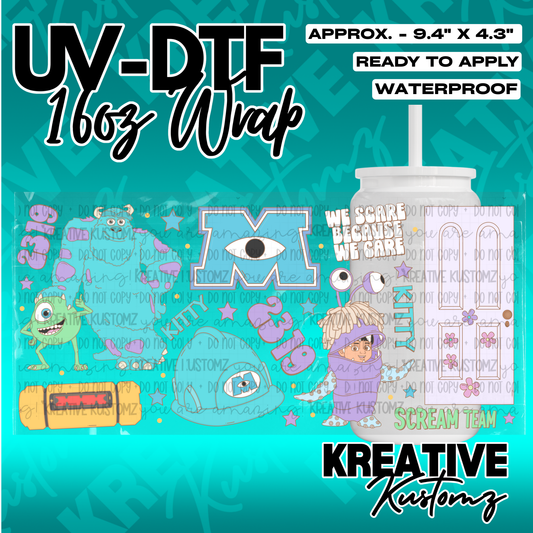 A Monsters Inc themed UV DTF wrap for a 16oz glass cup featuring characters and movie icons.