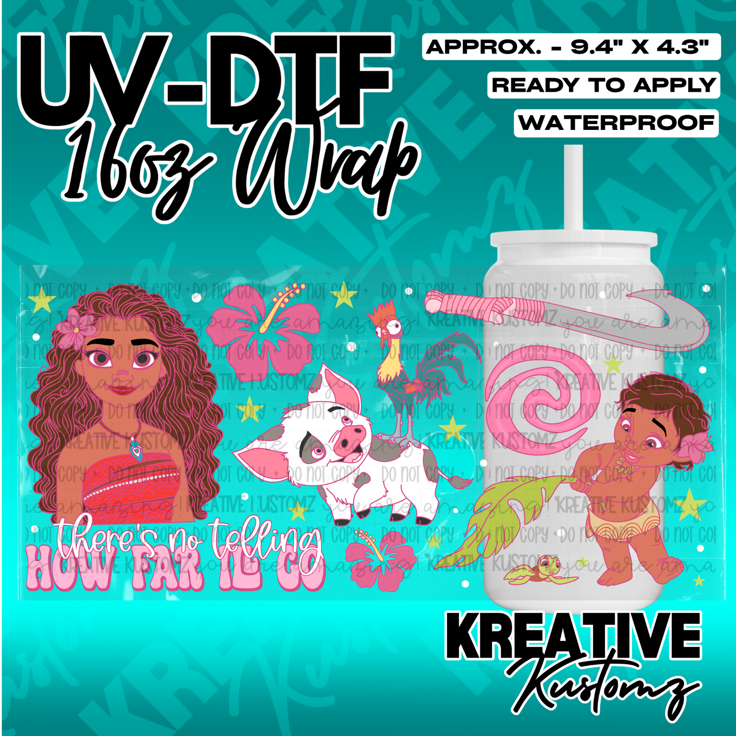 A Moana themed UV DTF adhesive wrap for a 16oz glass cup featuring characters and floral designs.