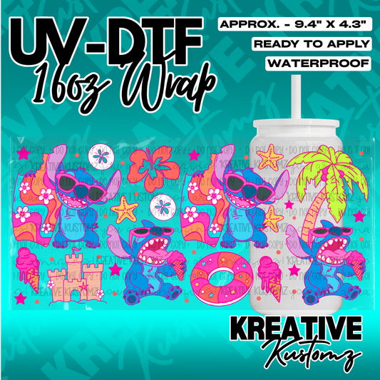 A vibrant UV DTF adhesive cup wrap featuring Stitch, tropical flowers, and beach icons.