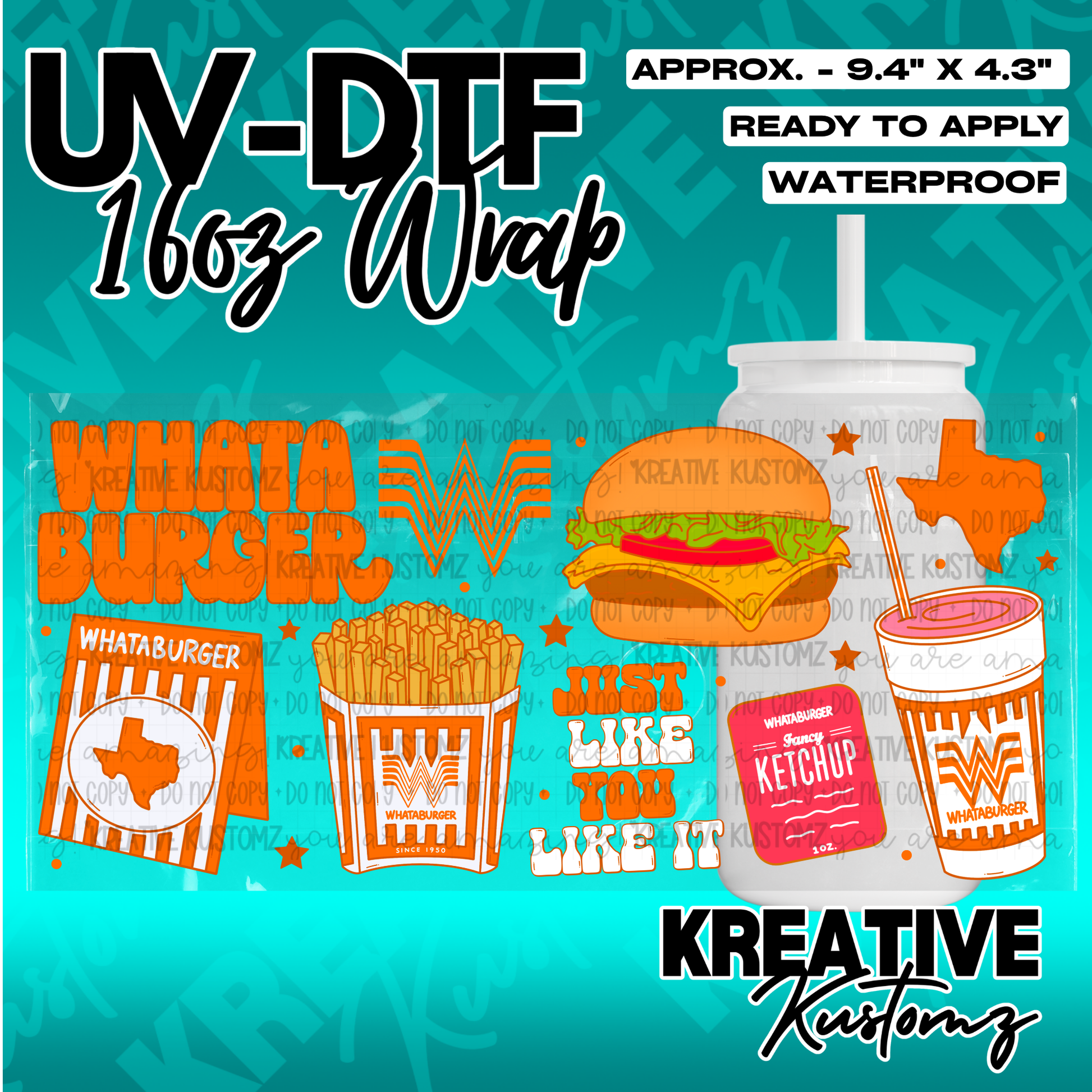 A UV DTF adhesive wrap for a 16oz glass cup featuring Whataburger themed food illustrations.