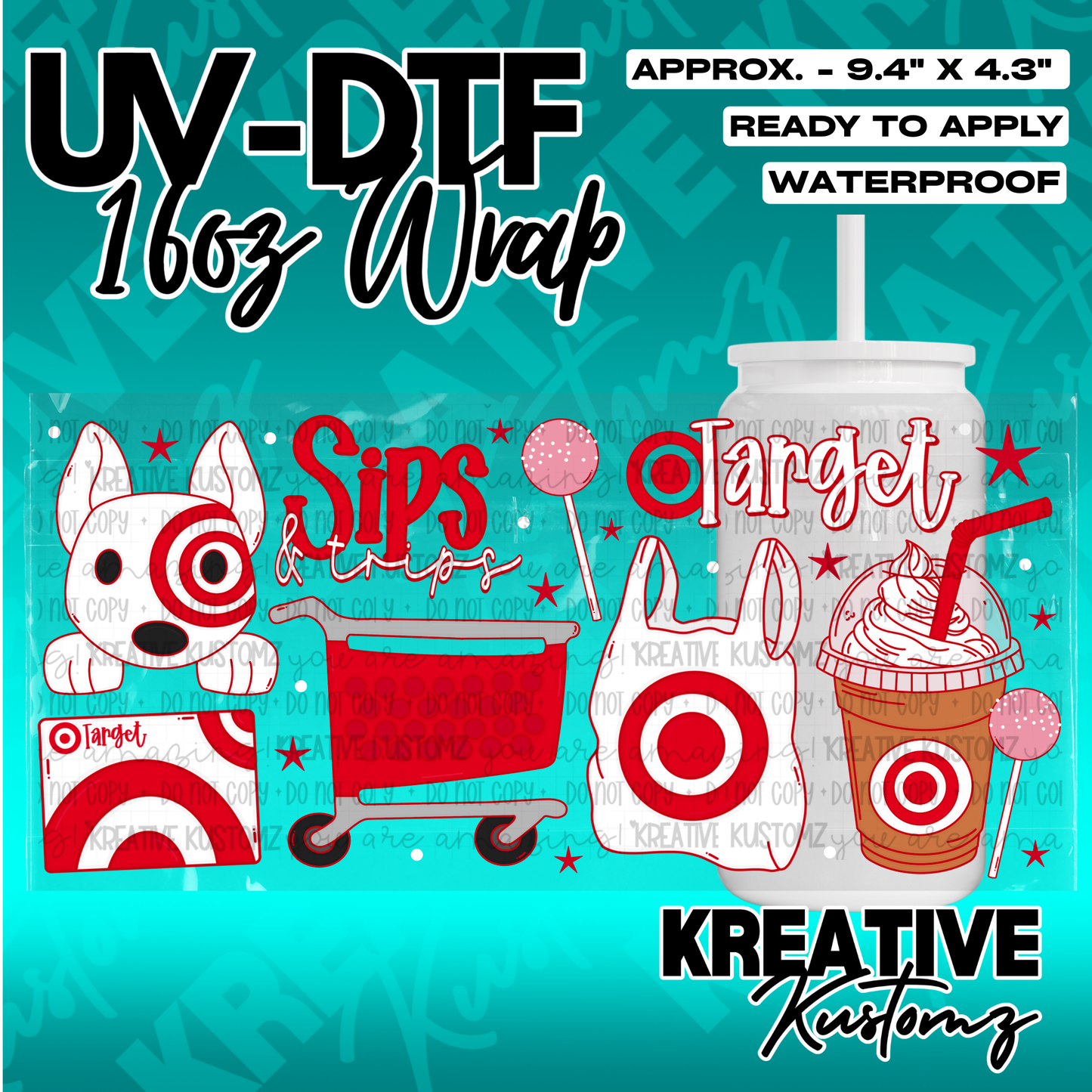 A UV DTF adhesive cup wrap featuring Target-themed icons like a dog, shopping cart, and drink.