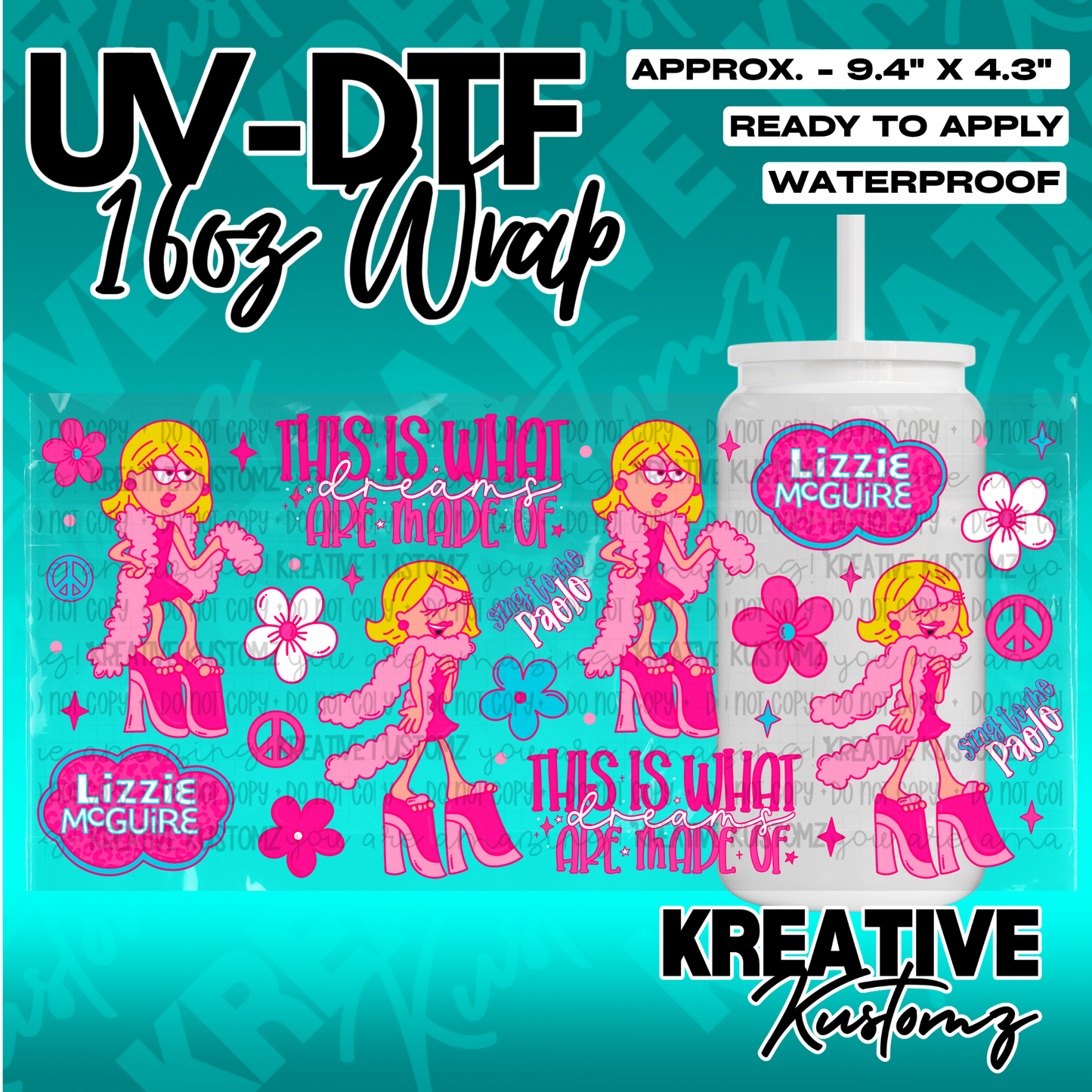 A vibrant Lizzie McGuire themed UV DTF adhesive wrap for a 16oz glass cup.