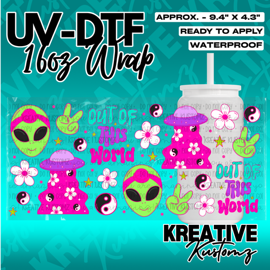 A vibrant UV DTF cup wrap featuring alien, flower, and yin-yang designs for a 16oz glass can.