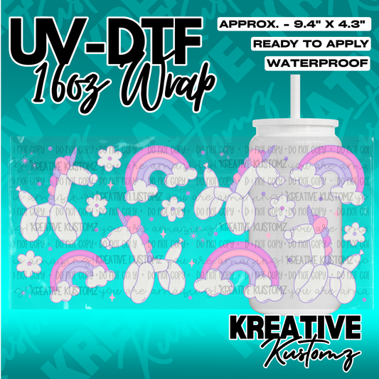 A UV DTF adhesive wrap for 16oz glass cans featuring a unicorn, rainbow, and flower pattern.