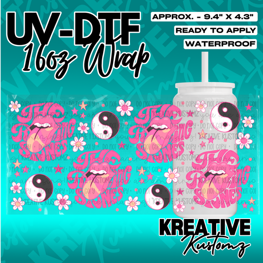 A UV DTF adhesive cup wrap featuring a pink lips and yin yang design for 16oz glass cans.