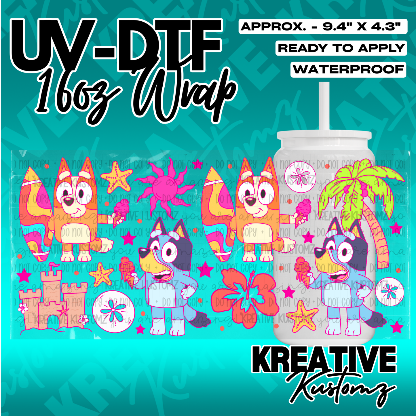A Bluey-themed UV DTF adhesive wrap for a 16oz glass cup featuring tropical beach illustrations.