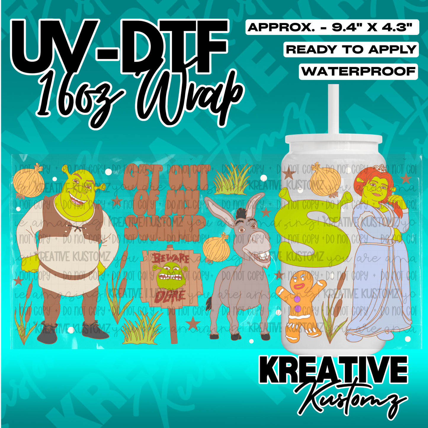 A Shrek themed UV DTF adhesive wrap for a 16oz glass cup featuring characters from the movie.