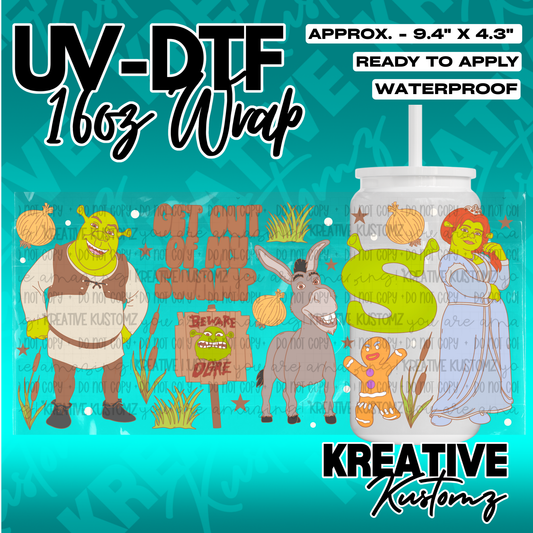 A Shrek themed UV DTF adhesive wrap for a 16oz glass cup featuring characters from the movie.