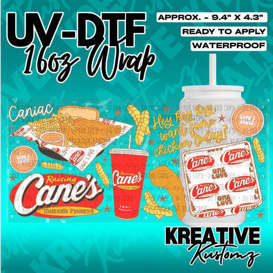 A UV DTF cup wrap featuring Raising Cane's themed graphics for a 16oz glass can.